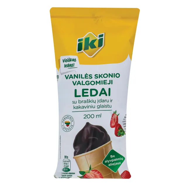 Braškių skonio valgomieji ledai su kakaviniu glaistu IKI, 200 ml