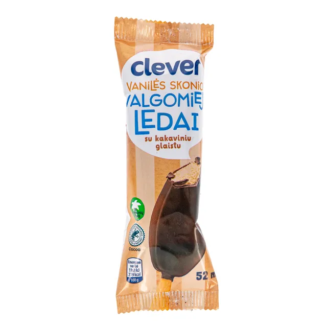 Vanilės skonio valgomieji ledai su kakaviniu glaistu CLEVER, 52 ml