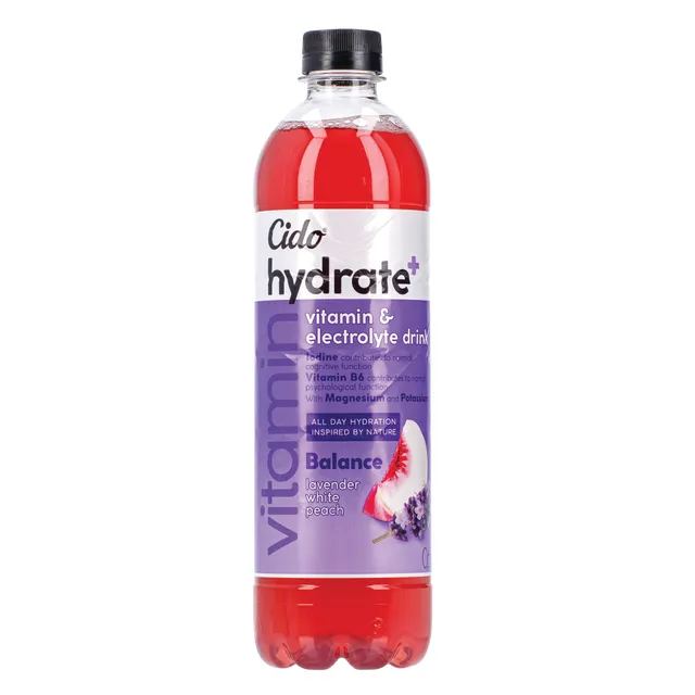 Negazuotas levandų ir persikų skonio gaivusis gėrimas CIDO HYDRATE+ BALANCE, 600 ml
