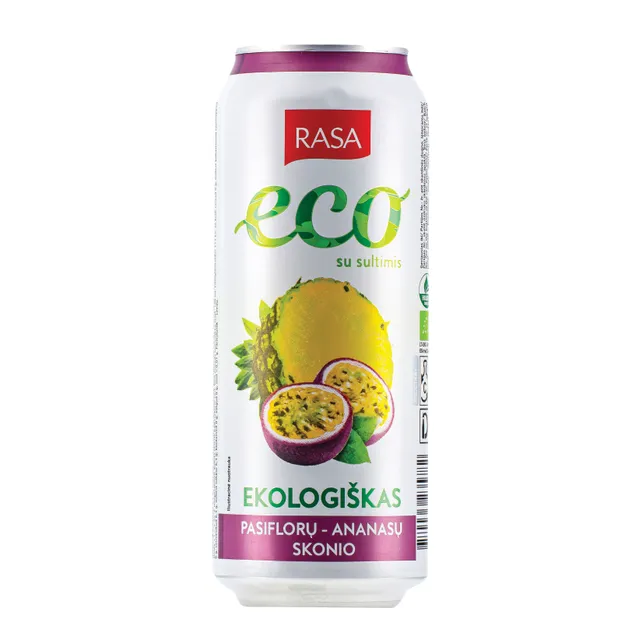 Pasiflorų ir ananasų skonio gazuotas gėrimas su sultimis RASA ECO, 500 ml
