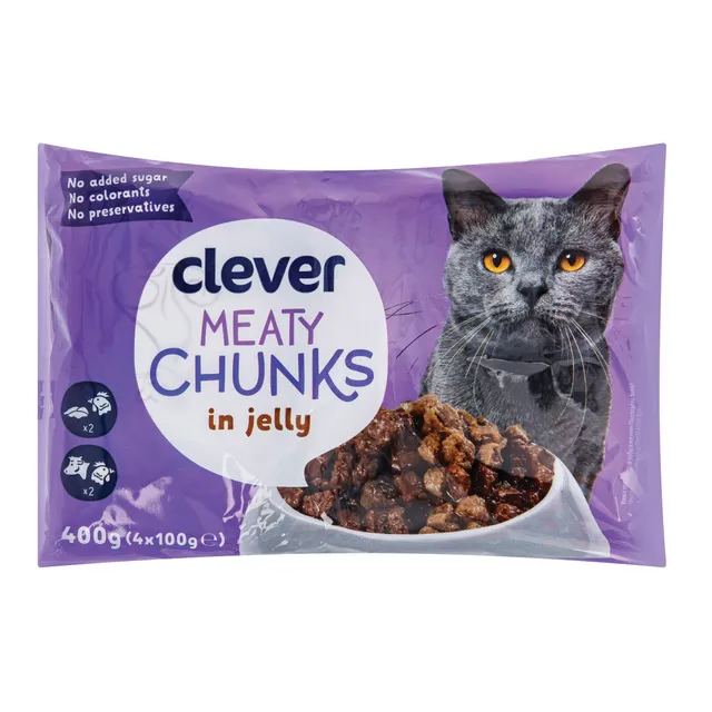 Šlapias maistas katėms su vištiena, ir kepenėlėmis, jautiena, paukštiena CLEVER, 400 g
