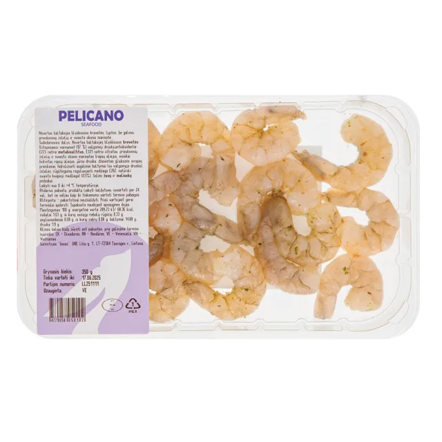 Pelicano atitirpintos baltakojės blyškiosios krevetės žaliojo sviesto skonio marinate, 350g, ASC (be galvų, be kiauto, 40/50)