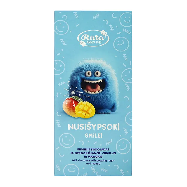 Pieninis šokoladas su sproginėjančiu cukrumi ir mangais RŪTA Bumciai. NUSIŠYPSOK! 70 g