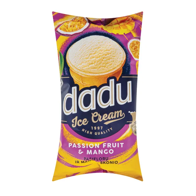 DADU Vanilės skonio valg. ledai su pasiflorų-mangų įdaru, 120ml / 65g