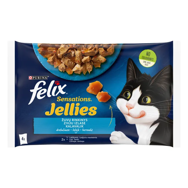 Visavertis šlapiasis ėdalas suaugusioms katėms drebučiuose FELIX SENSATIONS Fish Selection, 4x85 g