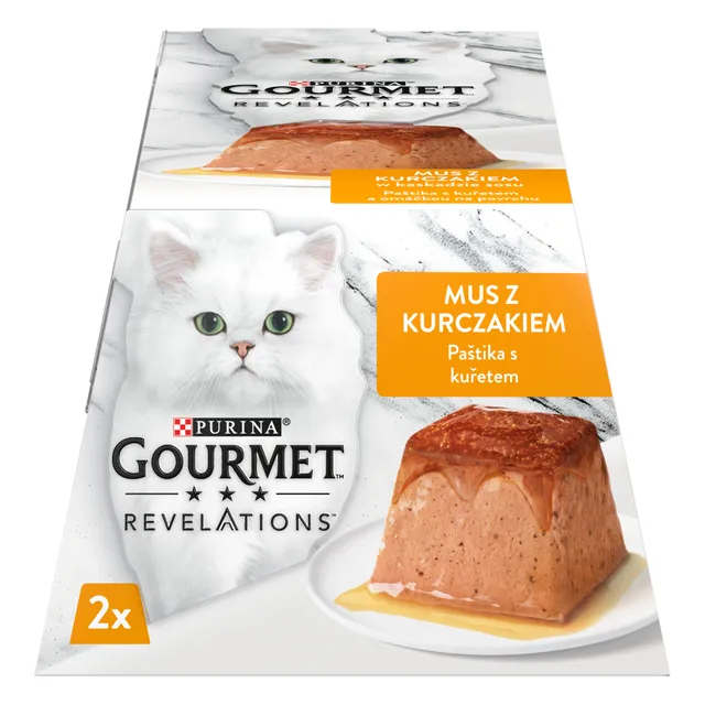 GOURMET REVELATIONS visavertis ėdalas suaugusioms katėms su vištiena putėsiai su besiliejančiu padažu 2x57g