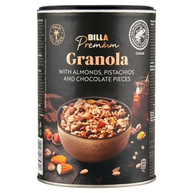 Granola su lazdynų riešutais, pistacijomis  ir šokolado gabaliukais BILLA PREMIUM, 300 g