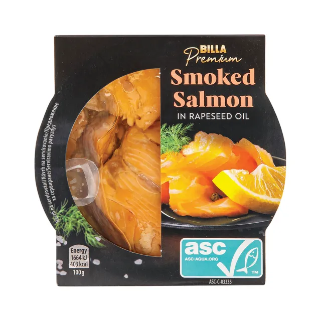 Rūkyta lašiša rapsų aliejuje BILLA PREMIUM, 120 g