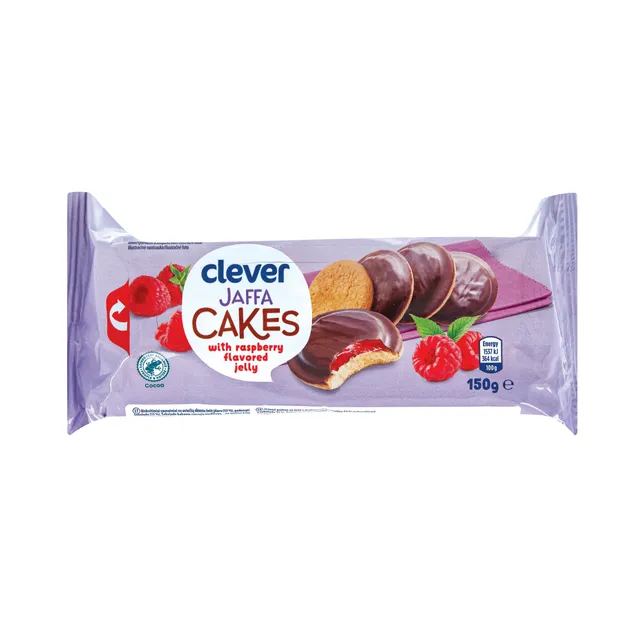 Biskvitiniai sausainiai su aviečių skonio žėle ir šokoladu CLEVER, 150 g