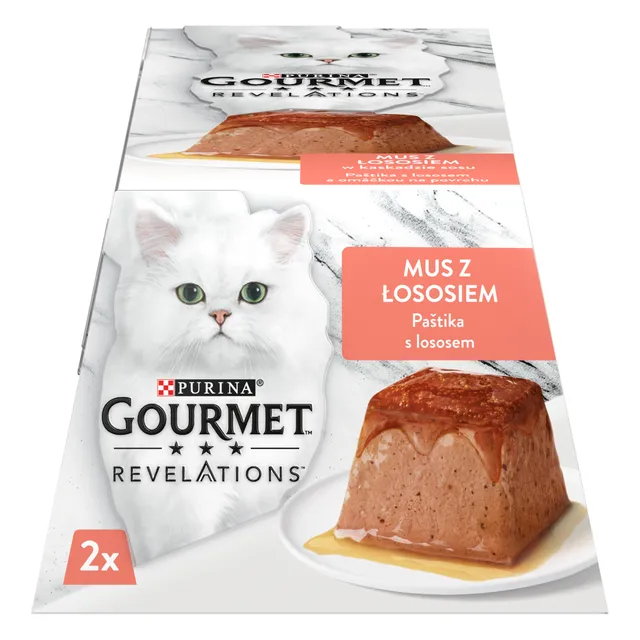 GOURMET REVELATIONS visavertis ėdalas suaugusioms katėms su lašišomis putėsiai su besiliejančiu padažu 2x57g