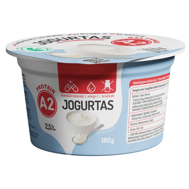Jogurtas iš A2 pieno be laktozės su vitaminais, mineralais ir omega-3 riebalų rūgštimis 2,5% rieb., 180g