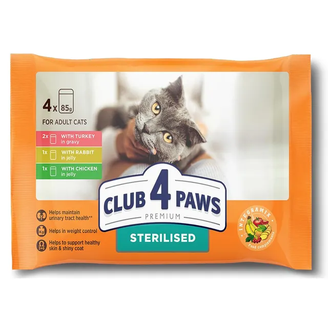 Visavertis konservuotas pašaras sterilizuotoms katėms CLUB 4 PAWS 4?85 g