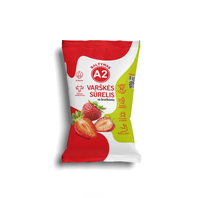 Varškės sūrelis be laktozės iš A2 pieno su braškėmis 7,2% rieb. 100g