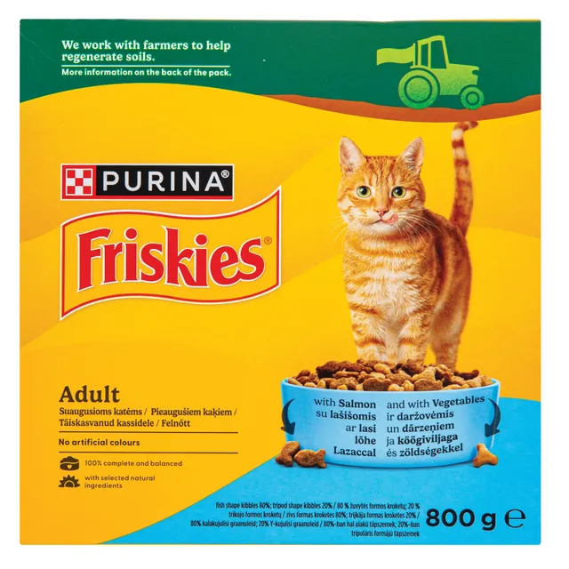 FRISKIES Adult visavertis sausasis ėdalas suaugusioms katėms su lašiša ir daržovėmis  800g