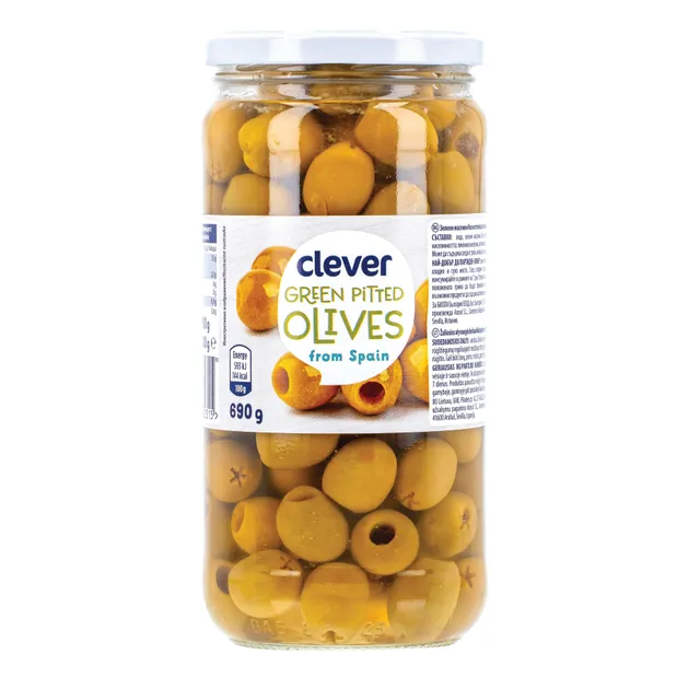 Žalios alyvuogės be kauliukų CLEVER Hojiblanca, 690 g