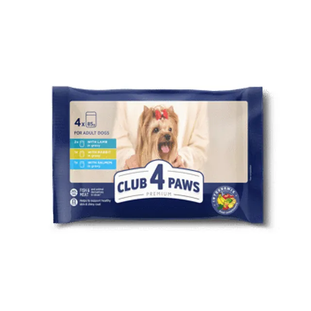 Visavertis konservuotas pašaras šunims CLUB 4 PAWS su ėriena padaže, su triušiena padaže, su lašiša padaže (4 ? 85g)