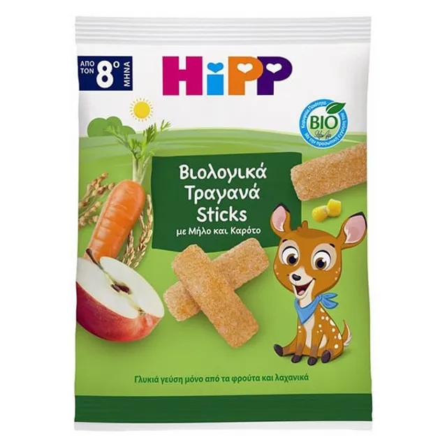 Ekologiškos traškios lazdelės su obuoliais ir morkomis nuo 8mėn. 30 g HiPP