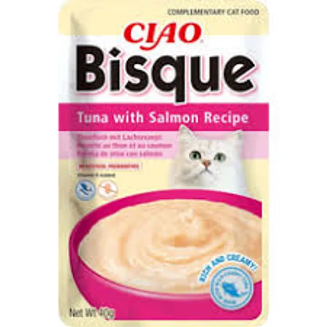 Užkandis katėms CIAO Bisque su tunu ir lašiša 40 g