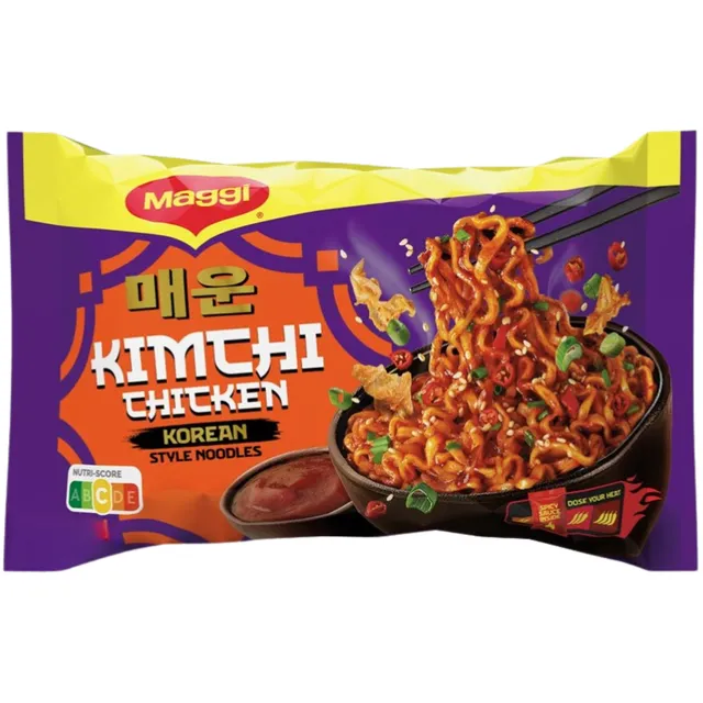 Korėjietiško stiliaus greitai paruošiami vištienos ir kimči skonio makaronai su aštriu padažu MAGGI, 130 g