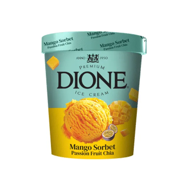Mangų sorbetas su mangų - pasiflorų įdaru ir chia sėklomis DIONE, 475ml