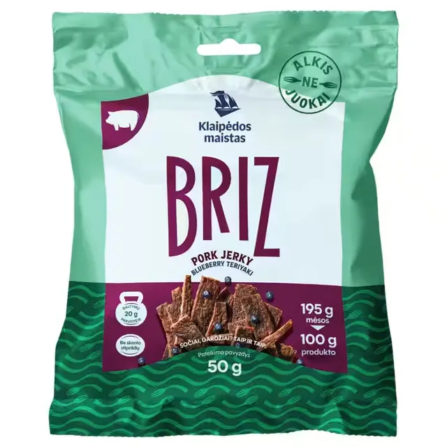 Vytintos terijakio ir mėlynių skonio kiaulienos juostelės BRIZ, 50g