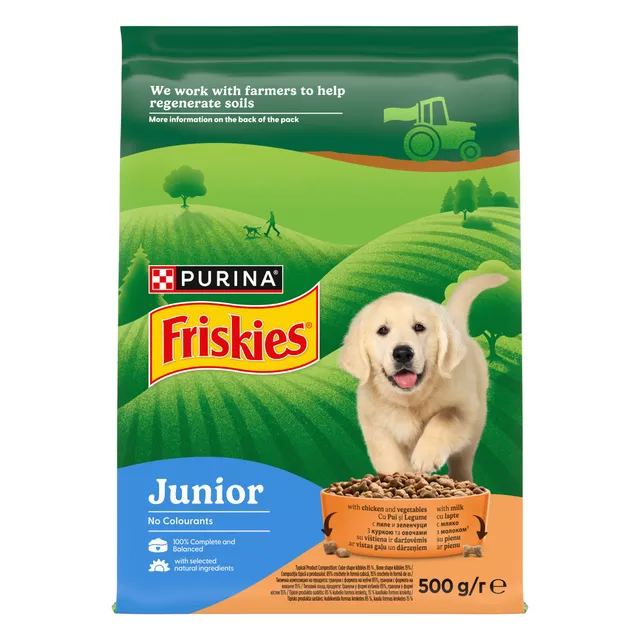 FRISKIES Junior visavertis sausasis ėdalas šuniukams su vištiena, daržovėmis ir pienu 0,5 kg