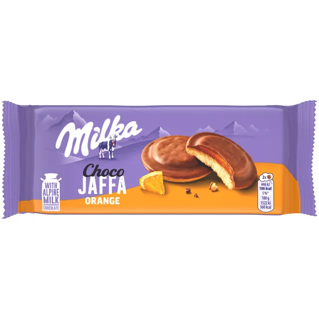 Biskvitiniai sausainiai su apelsinų skonio želiniu įdaru MILKA, 147 g