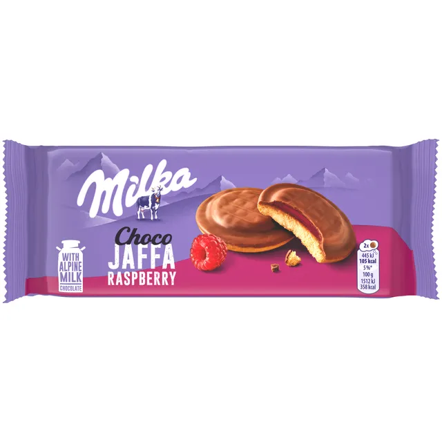 Sausainiai MILKA CHOCO JAFFA su aviečių skonio įdaru, 147 g