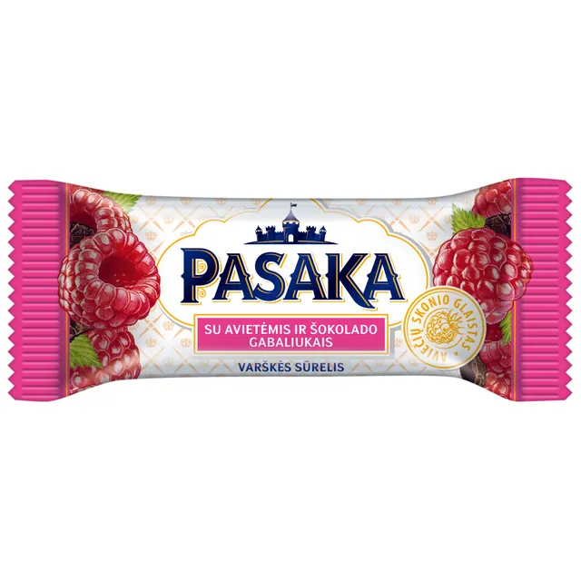 Glaistytas varškės sūrelis PASAKA su avietėmis ir šokolado gabaliukais, 21% rieb., 40 g