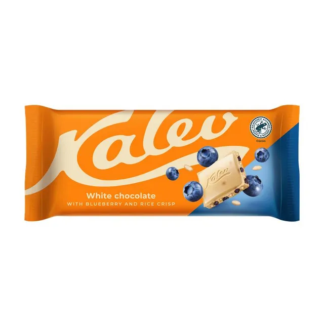 Baltasis šokoladas su ryžių traškučiais ir mėlynėmis KALEV, 95 g