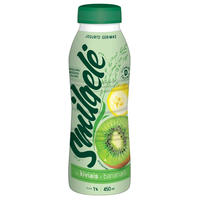 Jogurtinis gėrimas SMILGELĖ su kiviais ir bananais, skaidulomis, vit. D3, 1% rieb. 450 ml