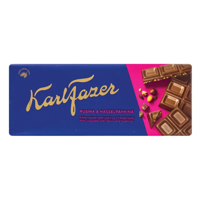 Pieninis šokoladas KARL FAZER su razinomis ir lazdyno riešutais, 180 g