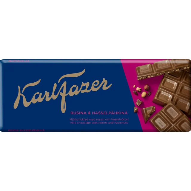 Pieninis šokoladas su razinomis ir lazdyno riešutais KARL FAZER, 180 g