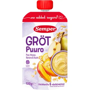 Paruošta vartoti ryžių ir avižų košė su kriaušėmis, mango, vynuogių ir obuolių sultimis, (nuo 6 mėn.) SEMPER, 120 g