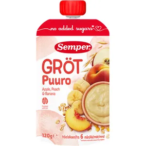 Paruošta vartoti ryžių ir avižų košė su obuoliais ir persikais, (nuo 6 mėn.) SEMPER, 120 g