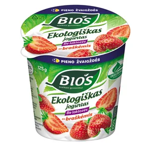 Ekologiškas jogurtas be laktozės BIOS su braškėmis, 3,1% rieb., 125 g