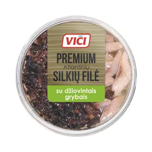 Tradicinė silkių filė VIČI PREMIUM aliejuje su džiovintais baravykais, 200 g