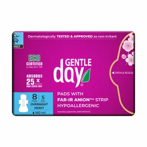 Ekologiški naktiniai higieniniai paketai su anijonų juostele GENTLE DAY FAR-IR ANION, 8 vnt.