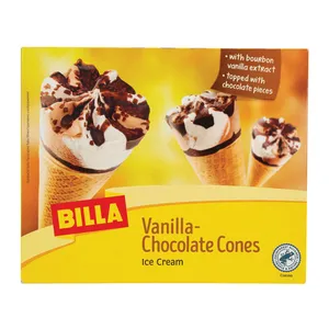 Valgomieji vanilės ir šokolado skonio ledai BILLA vafliniame ragelyje, 6x120 ml