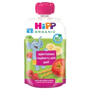 Ekologiška obuolių, bananų, aviečių tyrelė su grūdais HIPP (nuo 6 mėn.), 100 g