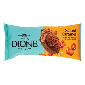 Karamelės skonio ledai su sūria karamele ir pieniniu belgišku šokoladu su karamelės gabaliukais DIONE,90ml