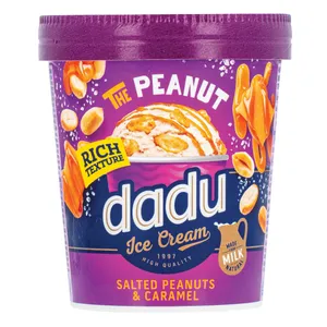 Vanilės skonio valgomieji ledai DADU su sūrios karamelės įdaru ir sūdytais karamelizuotais žemės riešutais, 400 ml