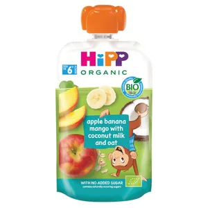 Ekologiška obuolių, bananų, mango tyrelė su kokosų kremu bei avižomis HiPP, 100 g