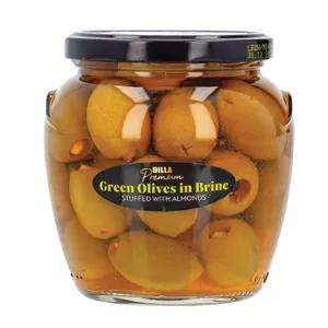Žaliosios alyvuogės įdarytos midgolais, sūryme BILLA PREMIUM, 580 ml