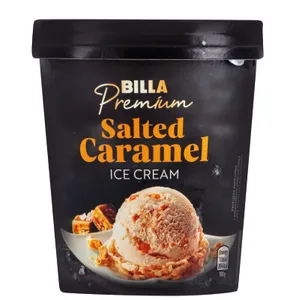 Valgomieji karameliniai ledai BILLA PREMIUM su sūdytos karamelės glaistu ir sūdytos karamelės gabaliukais, 500 ml