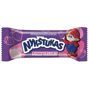 Varškės sūrelis NYKŠTUKAS PINK VELVET su braškėmis braškiniame glaiste, 45 g
