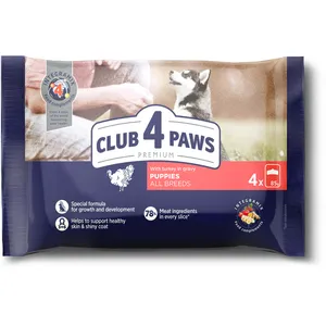 Visaverčio konservuoto pašaro rinkinys CLUB 4 PAWS Premium šuniukams su kalakutiena, 340 g