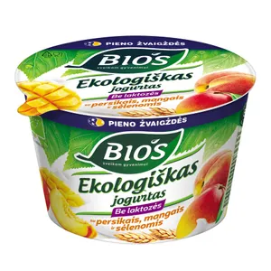 Ekologiškas jogurtas be laktozės BIOS 3,1% riebumo su persikais, mangais ir sėlenomis, 200 g