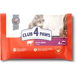 Visavertis konservuotas pašaras suaugusioms katėms CLUB 4 PAWS Premium su jautiena drebučiuose, 340 g