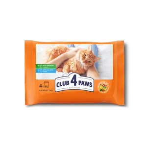 Visavertis konservuotas pašaras katėms su vištiena, lašiša drebučiuose CLUB 4 PAWS Premium, 340 g